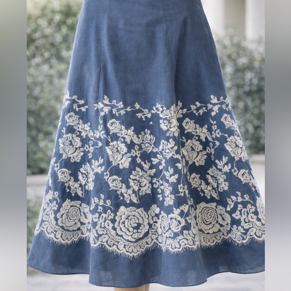 Karen Kane Embroidered Midi Skirt Blue White Floral A-Line Size 10